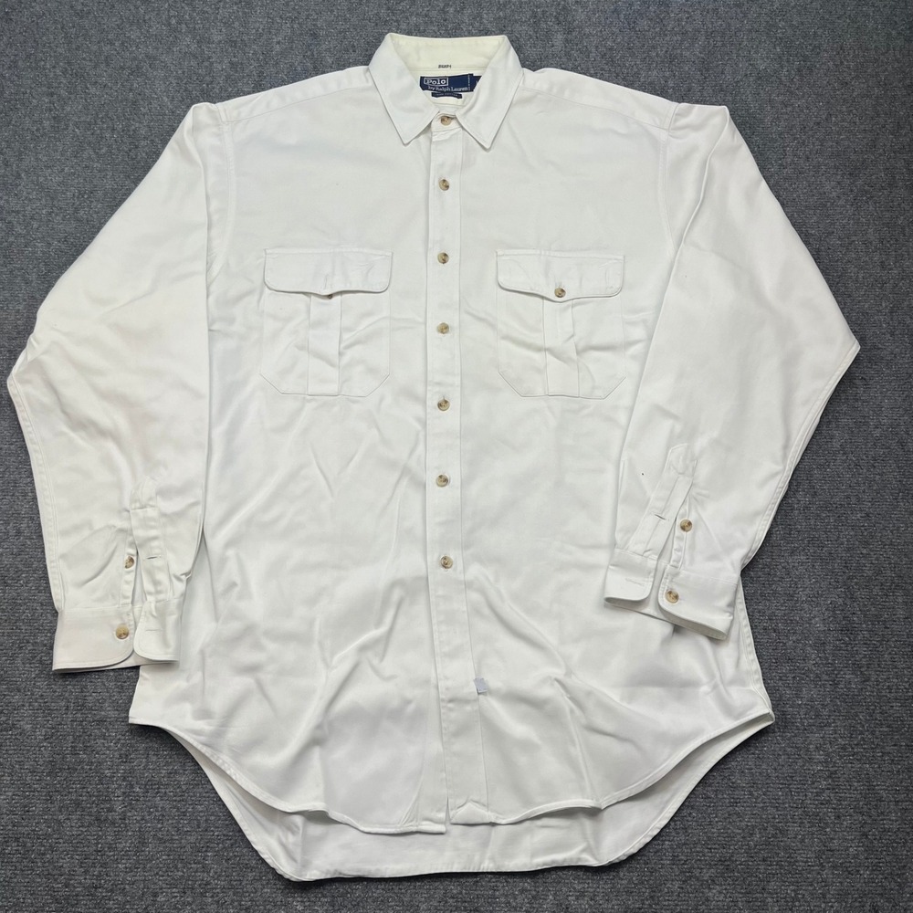 Polo Ralph Lauren Mens Large White Cotton Twill Button Down Utility Shirt Vtg